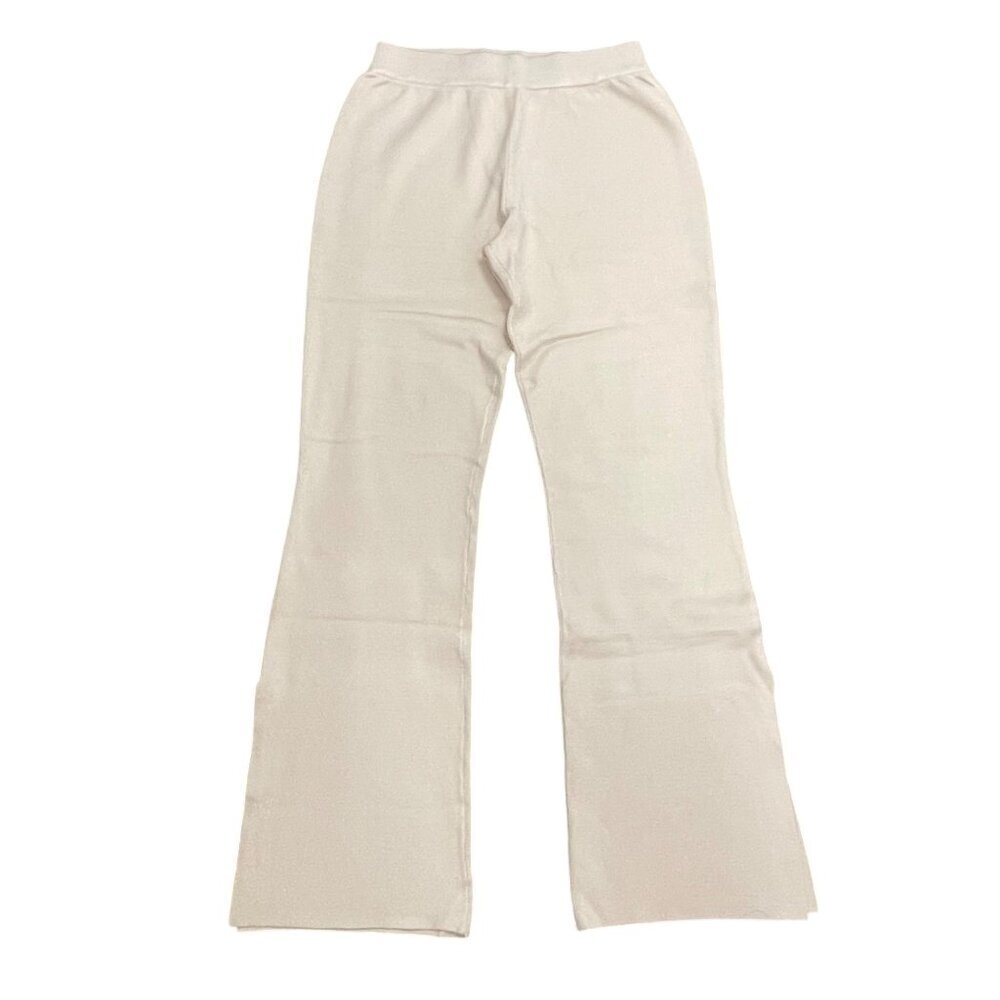 Monrow Beige Knit Flare Pull On Elastic Pants Medium Bottom Slit NWT